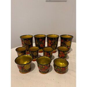 11 Pc Russian Enamel Painted Wood Glasses and Cups
